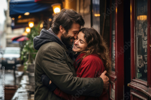 A guy hugs a smiling girl on a busy city street. Romantic, love relationships © Konstiantyn Zapylaie