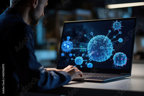 A male virologist researcher is studying a new strain of coronavirus that he sees on his computer.