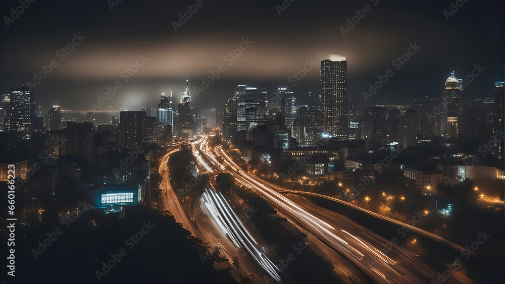 Aerial view of the city at night with a long exposure.