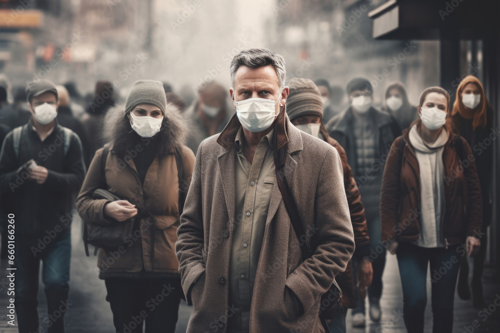 A man wearing a medical mask outdoors, surrounded by people also in medical masks. Concept of pandemic, new wave of coronavirus, quarantine - obrazy, fototapety, plakaty 