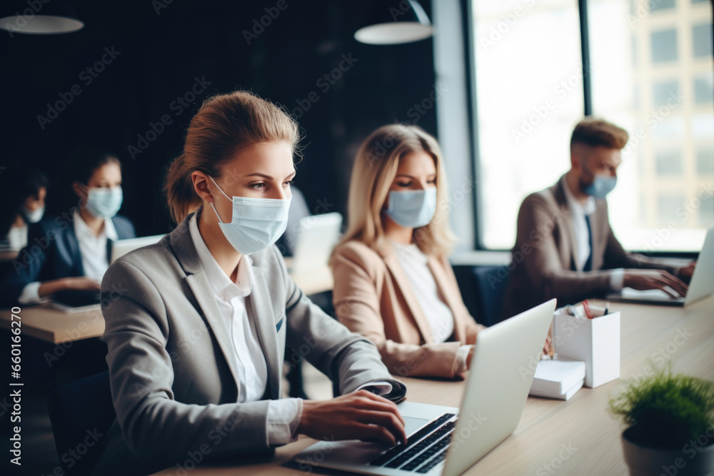 Office workers sit at computers wearing medical masks. Concept of quarantine, epidemic, new wave of coronavirus Office workers sit at computers wearing medical masks. Concept of quarantine, epidemic, new wave of coronavirus