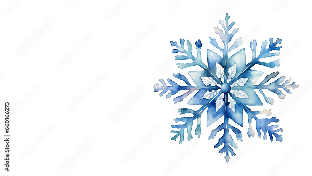 A snowflake is isolated on a white background on the right. Watercolor hand-painted openwork snowflake.