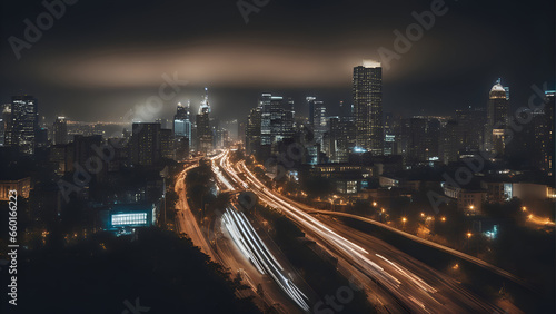 Aerial view of the city at night with a long exposure.