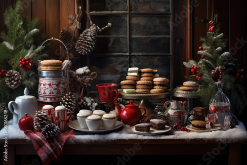 More comfortable New Year's Christmas winter decor. Table on which various treats tea New Year tree near the winter window