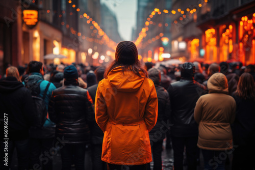 Photograph of back of woman on evening street, in front of which there are many people who have turned away;. Ignoring society, concept of cancel culture