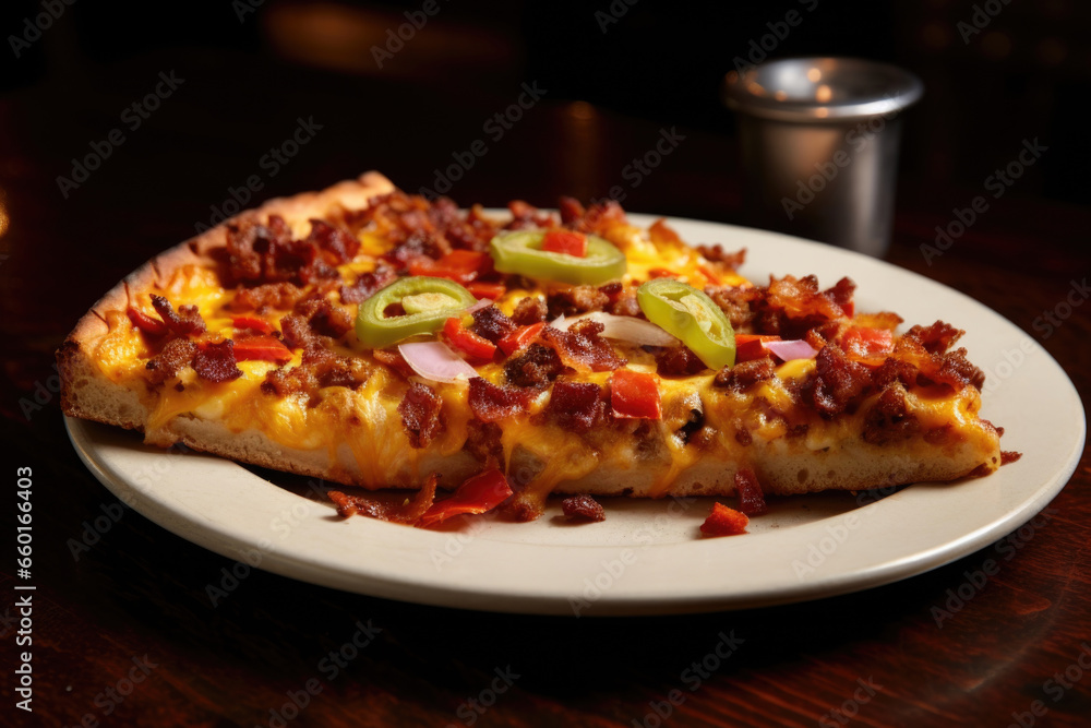 Plunge into the universe of St. Louis-style pizza, displaying a paper-thin, crunchy foundation reminiscent of crackers, embellished with ample servings of bacon, sausage, onions, and bell peppers