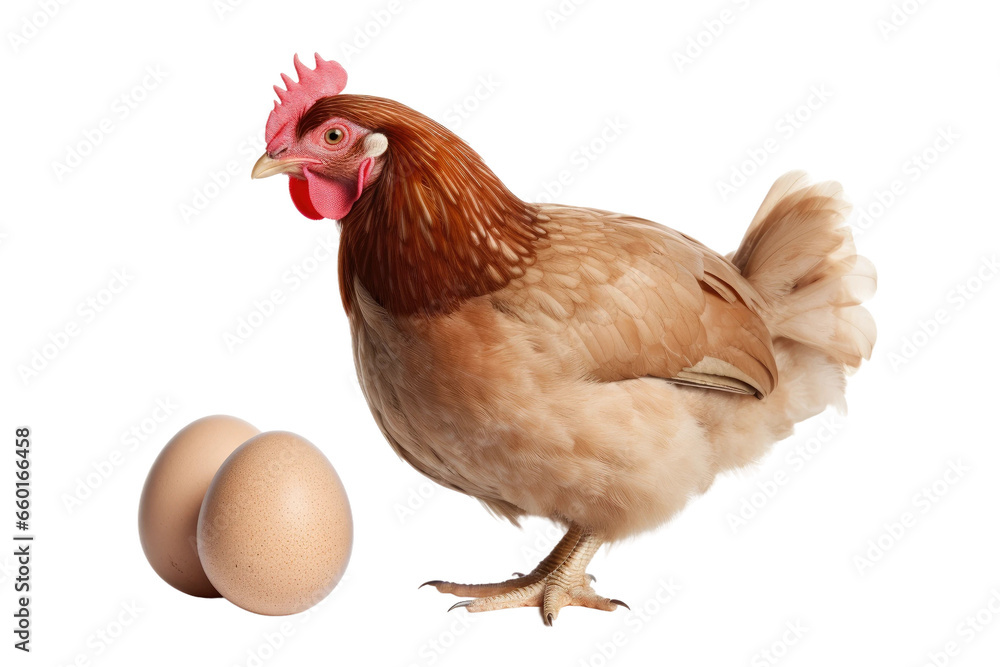 Tranquil Mother Hen with eggs on isolated background