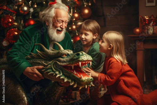 A grandfather with his grandson and granddaughter are sitting near the New Year's Christmas tree near the green dragon symbol of 2024 © Konstiantyn Zapylaie