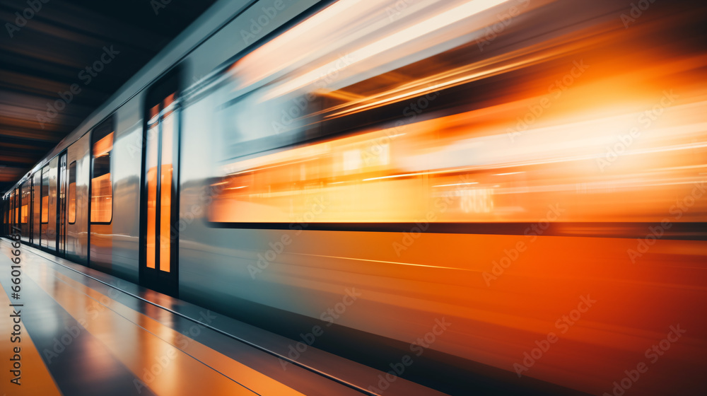 High speed passenger train in motion - long exposure - Generative AI - obrazy, fototapety, plakaty 