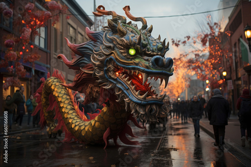 A colorful parade of dragons winds through the streets of a Chinese city  celebrating the Lunar New Year