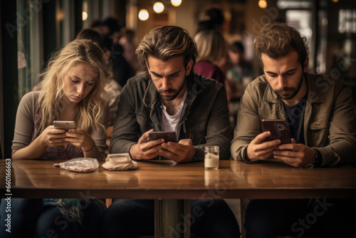 three people, two men and a woman, sitting at a table in a cafe with their heads buried in their phones