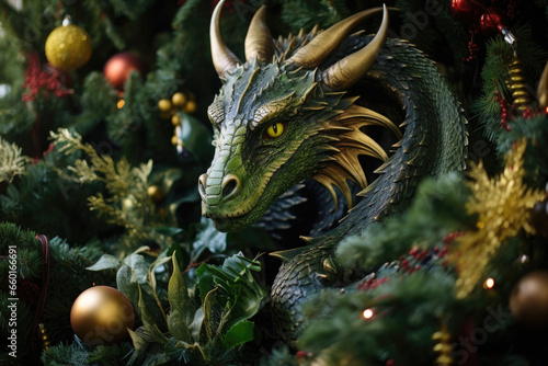 A green dragon, the symbol of the Year of the Green Dragon, sits surrounded by Christmas and New Year's decorations. The dragon is a symbol of good luck and prosperity