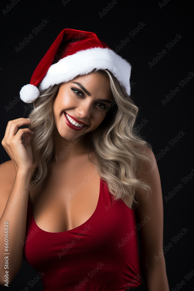 a beautiful model dressed as Santa Claus, smiling. looking at camera. dark background a beautiful model dressed as Santa Claus, smiling. looking at camera. dark background