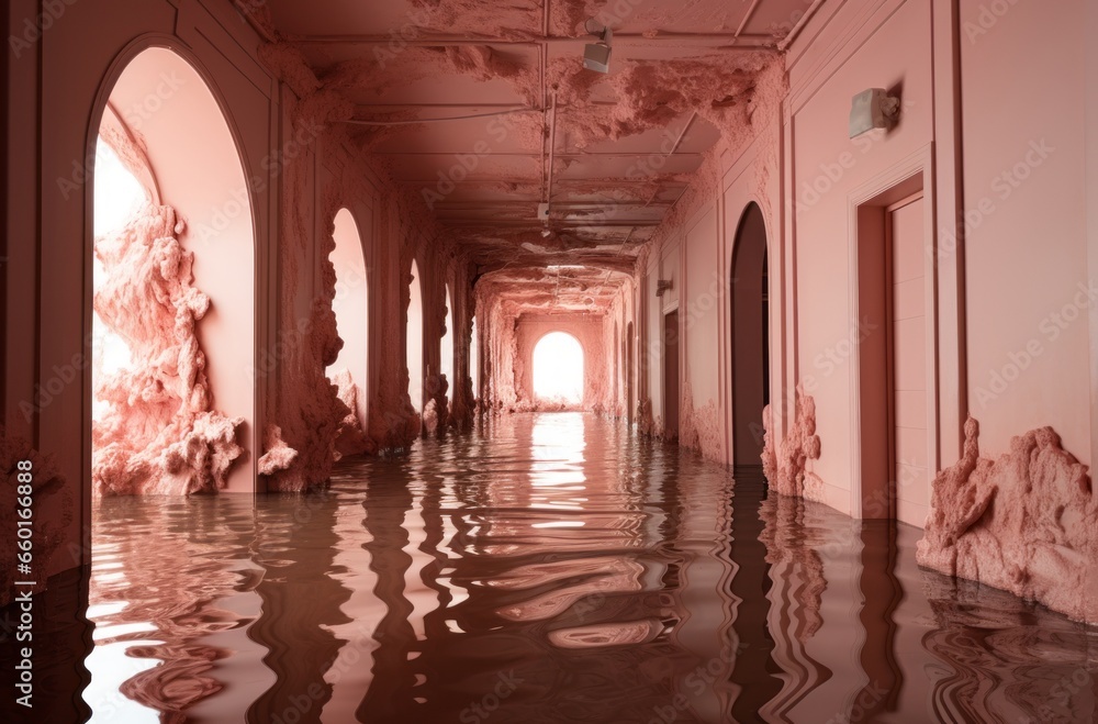 Surreal Deluge: A Dreamlike Flooded Hallway with Mysterious Elements