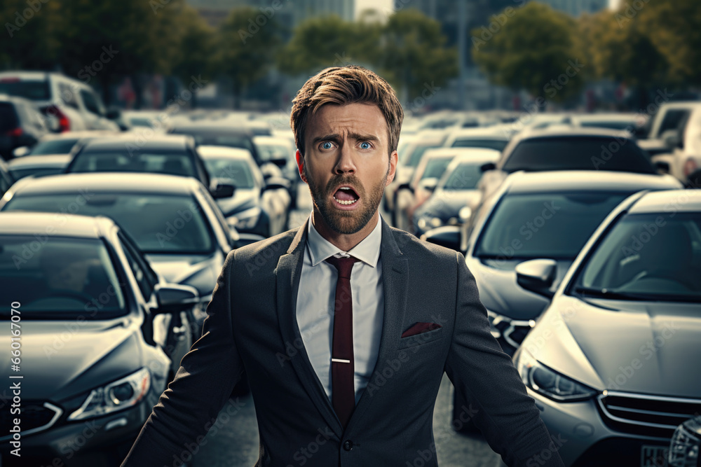 Man in disbelief amidst a vehicle-crowded roadway - obrazy, fototapety, plakaty 