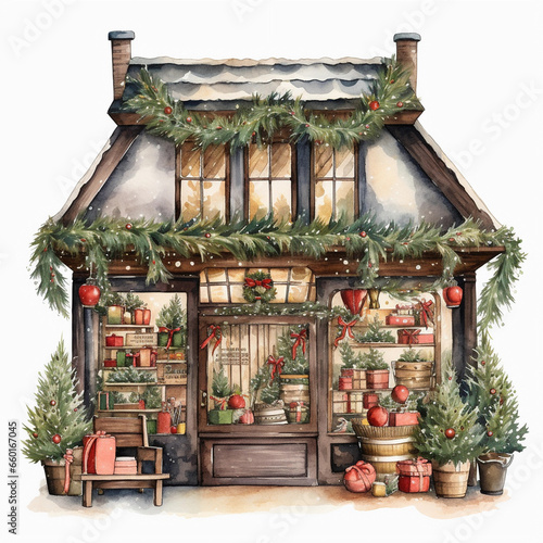 water color christmas home with snow clipart 