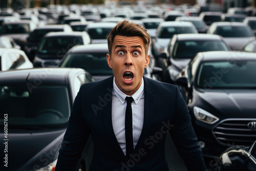 A shocked man in the middle of a road with cars in the background. Road accident, car breakdown, insurance