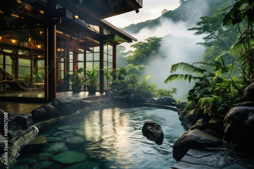 SPA in nature in the open air. a small lake from which steam emanates, surrounded by green plants and mountains photo