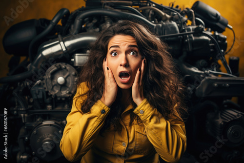 Woman in disbelief next to a car engine trouble