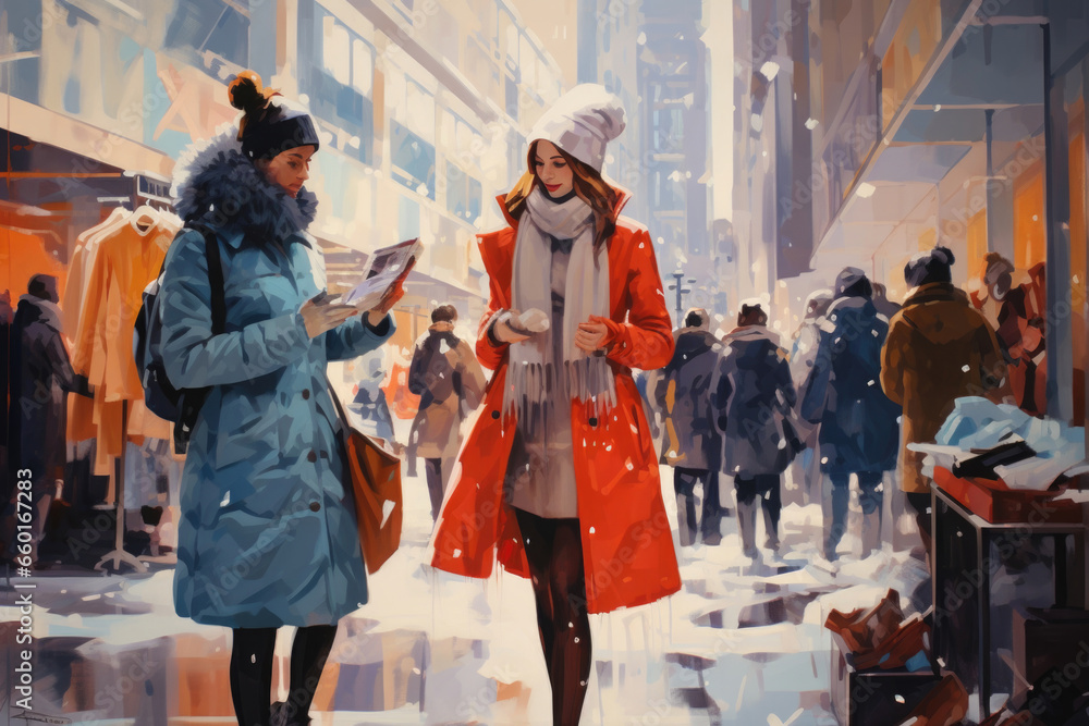 Christmas and New Year sales in stores. Two girls choose clothes in a store