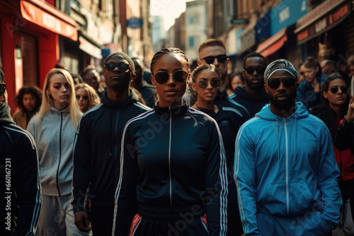 Various people walk along a city street in comfortable tracksuits that give ease of movement.