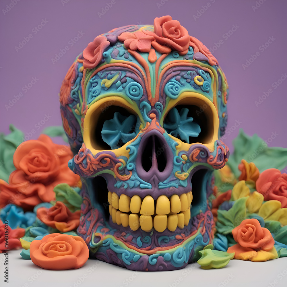 Mexican sugar skull with colorful paper flowers in front of purple background