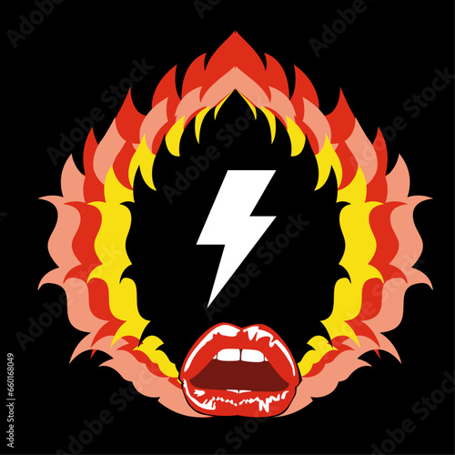 Design for a demonic t-shirt with the symbol of thunderbolt  and sensual red lips. Glam rock poster.