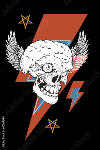 Winged skull t-shirt design with the symbol of thunderbolt and stars. Good illustration for satanic rock and roll.