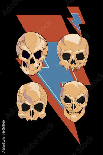 T-shirt design of the thunderbolt symbol along with four skulls isolated on black. Glam rock poster.