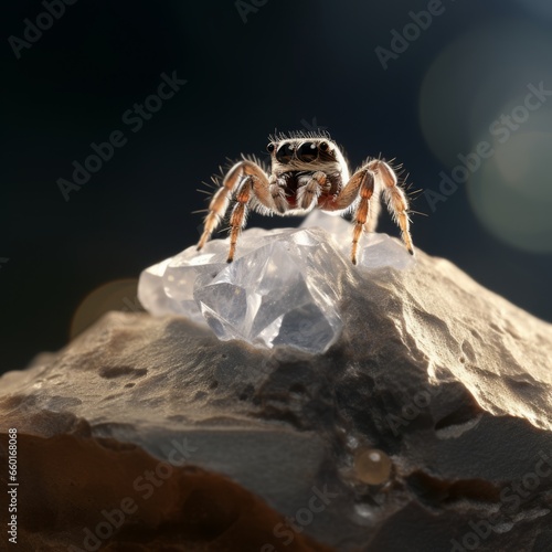 adorable jumping spider on top of a large translucent quartz crystal photo