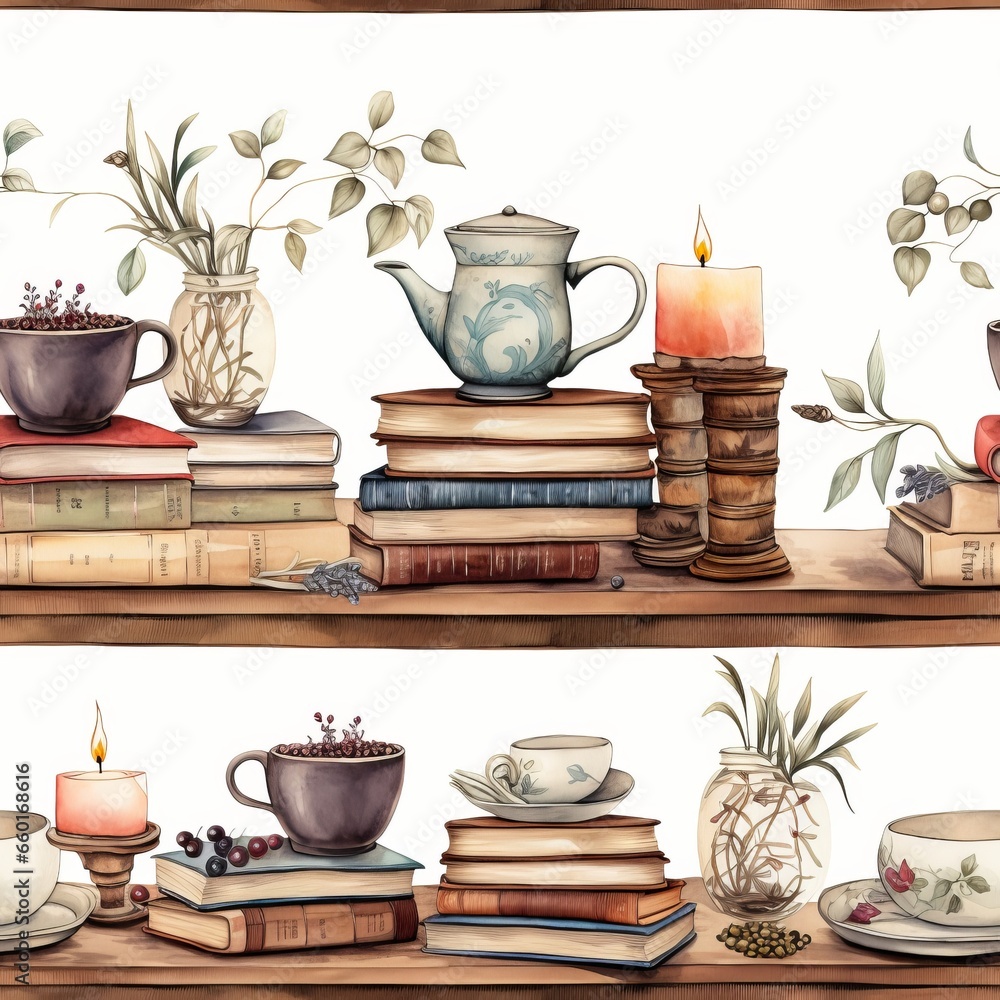 books on the table, seamless pattern, whimsical illustration, watercolor, cozy, neutral color