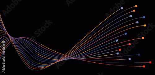 Vector abstract light lines wavy flowing dynamic in multi colors isolated on black background for concept of AI technology, digital, communication, 5G, science, music