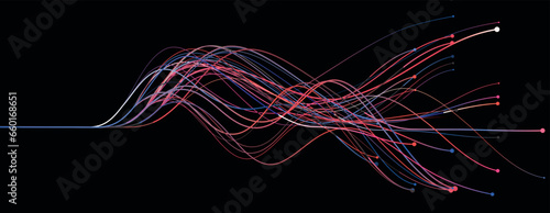Vector abstract wavy light lines neural network pink blue and purple isolated on black background in concept of technology, machine learning, A.I., 5G