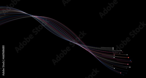 Vector abstract light lines wavy flowing dynamic in red, pink, purple and white colors isolated on black background for concept of AI technology, digital, communication, 5G, science, music