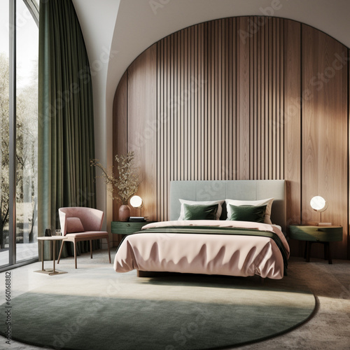 contemporary classical style hotel room, small window with marble window sill, heavy dusk green curtains, stained oak structured wall panelling in classical style photo