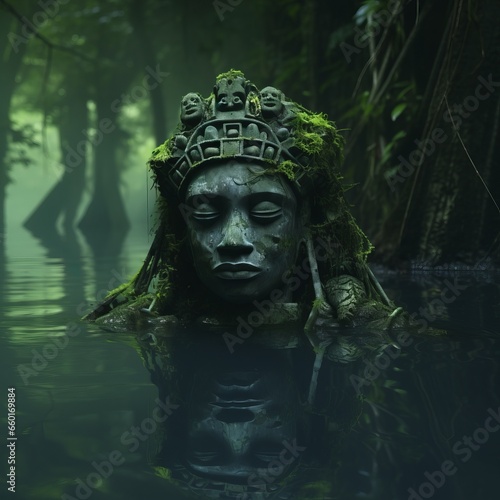 half-submerged ancient statue of african fantasy warrior queen, river in the jungle