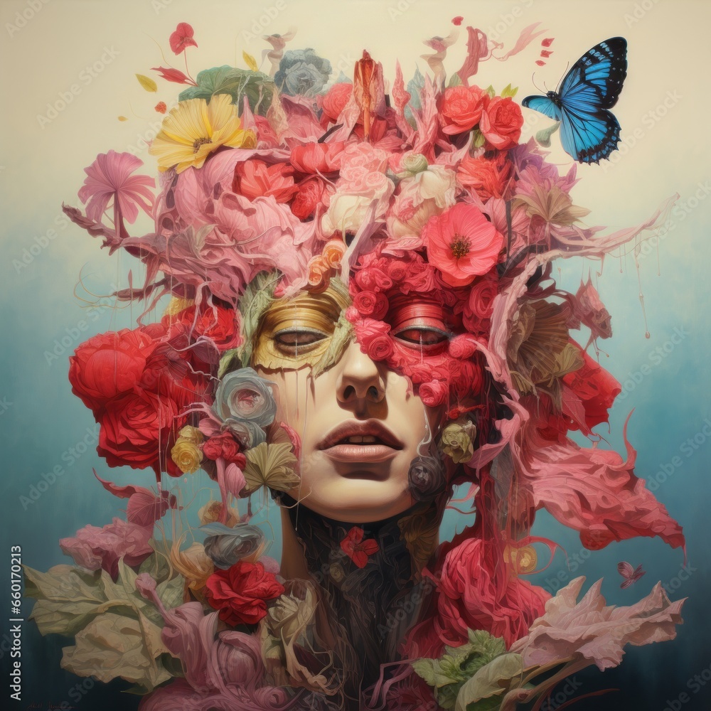 All realistic portrait of woman in flowers with butterflies