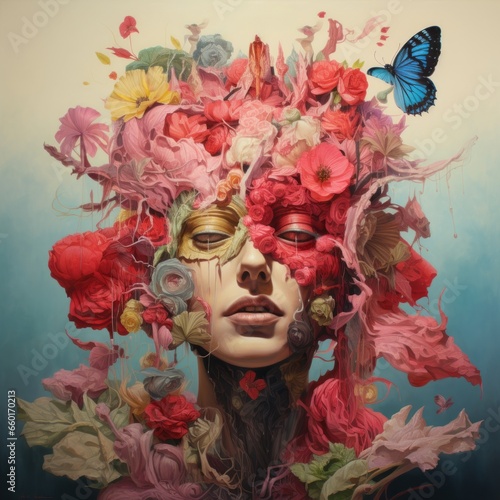 All realistic portrait of woman in flowers with butterflies