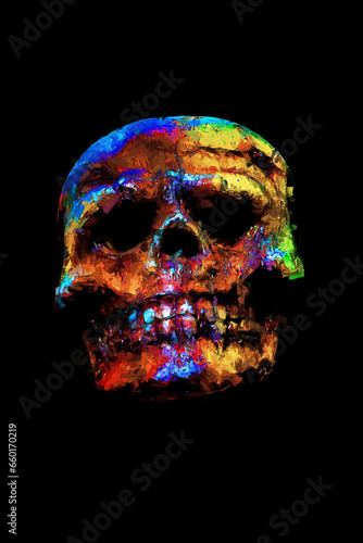 colorful digital painting of a Halloween skull isolated on a black background