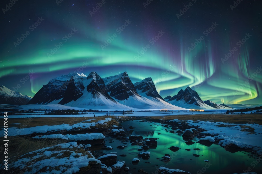 northern light landscape with mountains photo