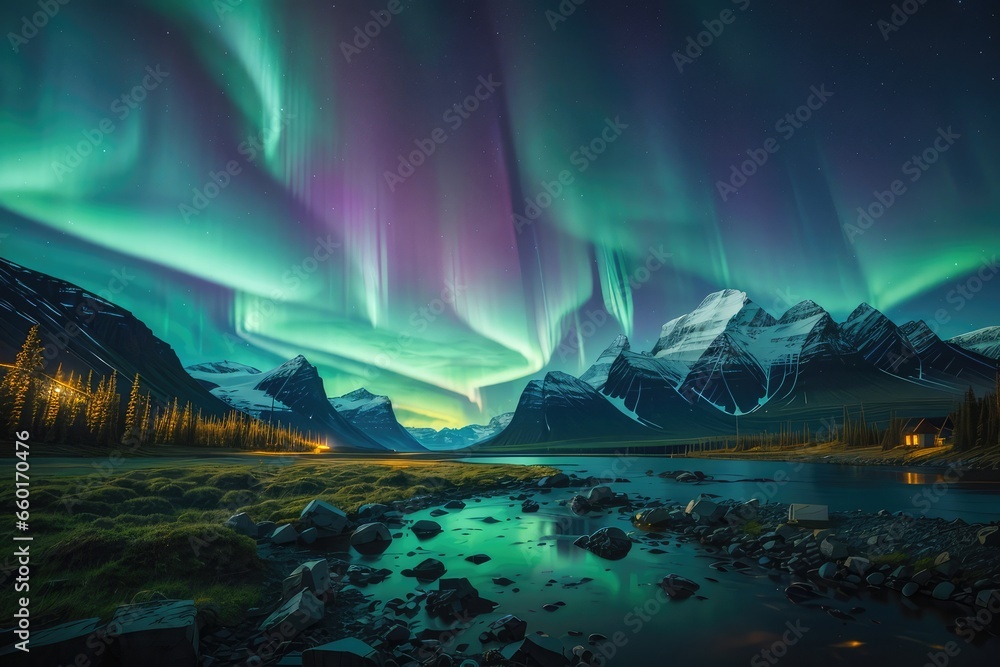 northern light landscape with mountains photo