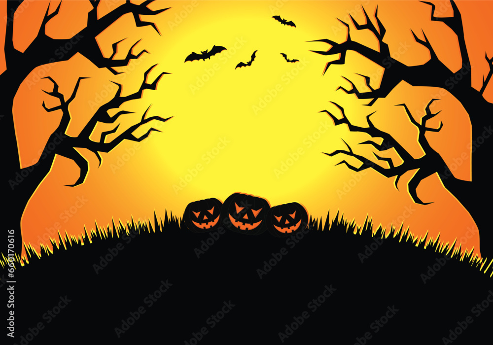 Halloweens sunset background  with Jack O' Lantern on a hill and old scary trees