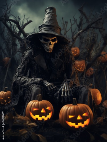 Jack-o'-lantern in witch hat sits surrounded by decaying tombstones, spooky Halloween
