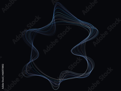 An abstract 3D sphere with flowing dot particle in a blue-white gradient on a black background, a vector symbolizing the realms of AI technology, science, music, and modernity.