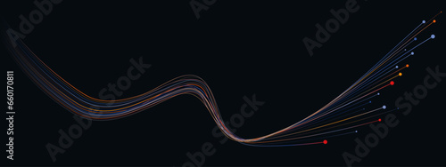 Dynamic, multi-colored abstract light lines flow with a sense of motion on a black background, capturing the spirit of AI technology, digital innovation, communication, 5G, science, and music