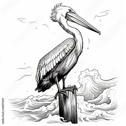 A pelican stands on a pylon in the water, waves crash against the pylon. Line drawing