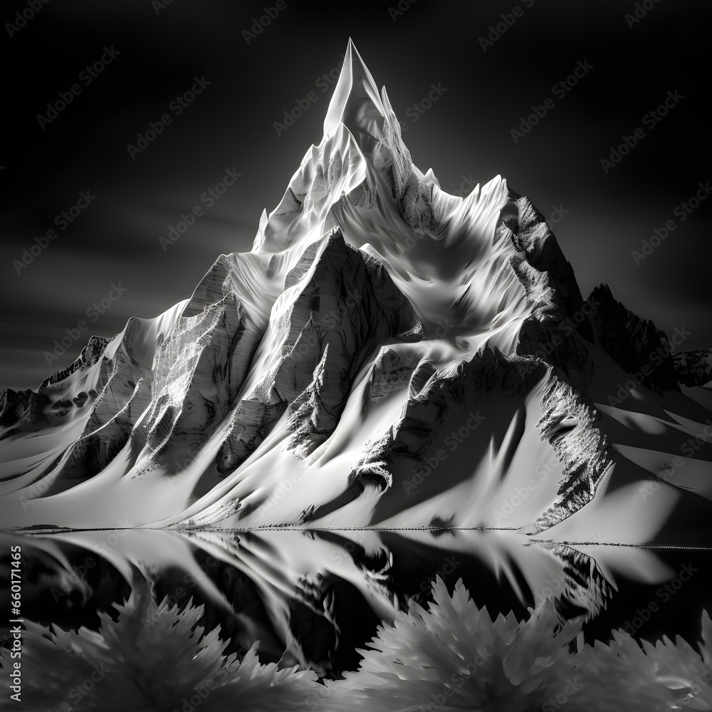 Photo negative snowy mountain peak film negative black and white  - obrazy, fototapety, plakaty 