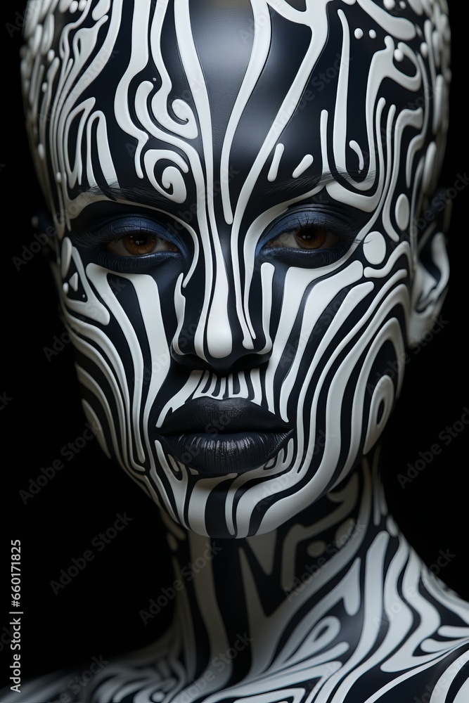 Portrait of a woman painted in zebra