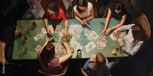 top view, people looking down at table with cards