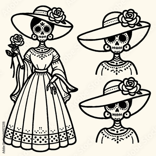 Mexican catrina vector illustration, mexican skull, rose